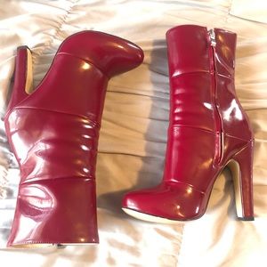 Red Chunky Heel Boots Patent-leather